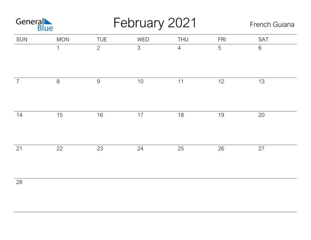 February 2021 Calendar French Guiana