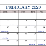 Free February Holidays Calendar 2020 Printable Templates