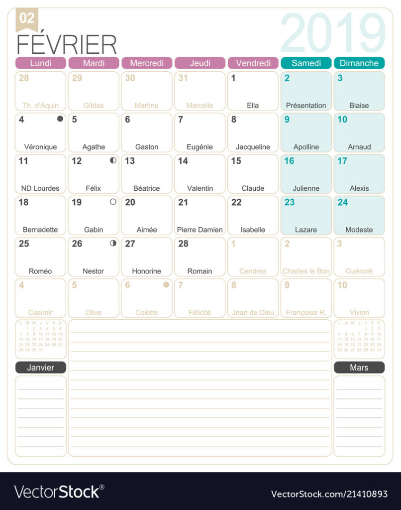 French Calendar February 2019 Royalty Free Vector Image