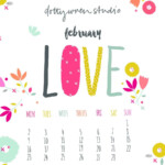 Illustrated Pink Yellow Mint Floral Love February Desktop Calendar